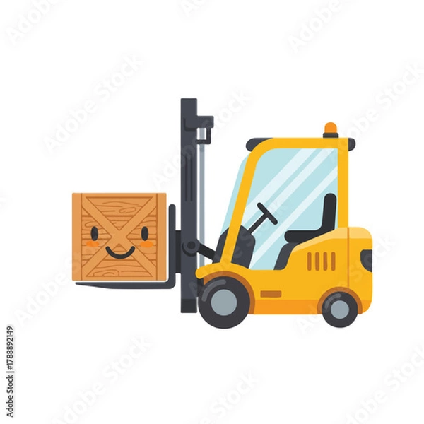 Obraz Cartoon Forklift Truck Lifting a Smiling Wooden Crate