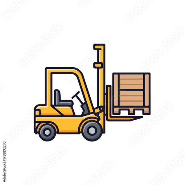 Obraz Cartoon Forklift Lifts Crate in Yellow Industry Concept
