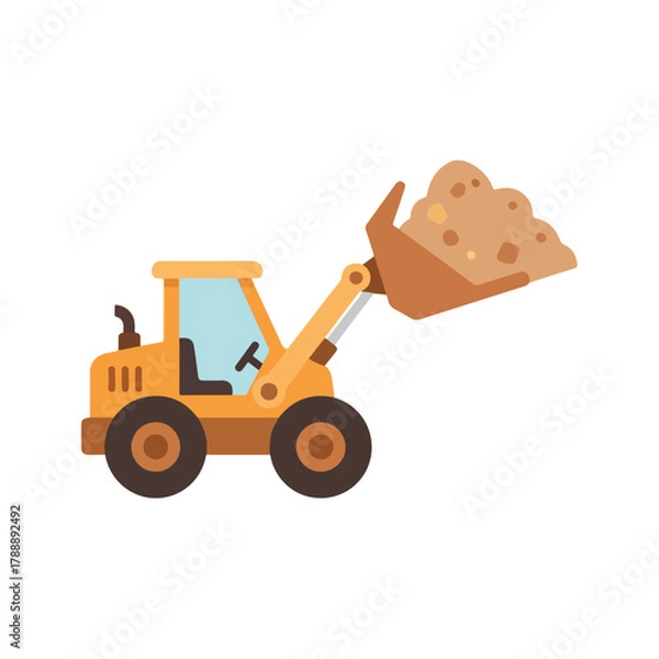 Obraz Cartoon Loader Scooping Dirt, Cheerful Construction Vehicle Illustration