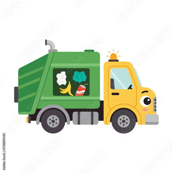 Obraz Cute Cartoon Garbage Truck with Smiling Face Illustration