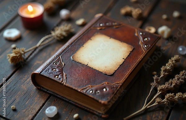 Fototapeta Vintage leather book mockup, in warm, rustic tones, a magical background for grimoires and spellbooks [with copy space]