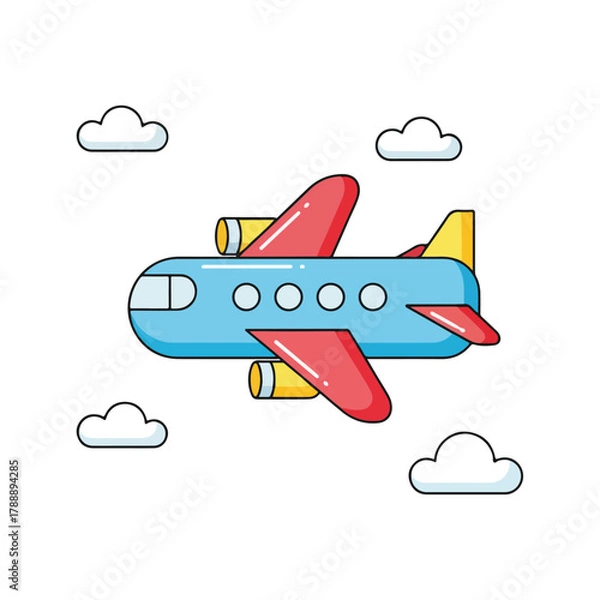 Obraz Whimsical Airplane Cartoon Floating Among Puffy White Clouds