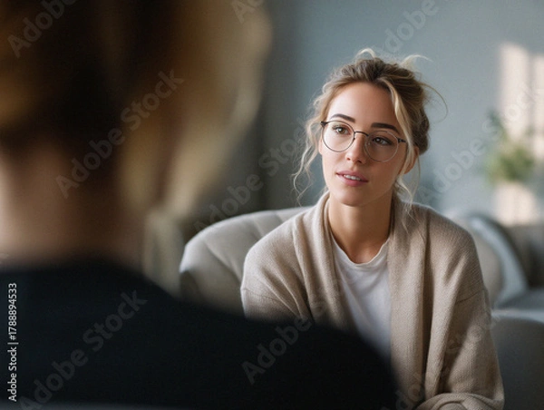 Fototapeta Woman engaged in meaningful conversation with a friend in a cozy indoor setting during the afternoon