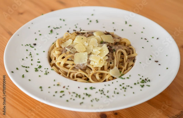 Fototapeta Delicious Truffle Pasta with Parmesan Shavings