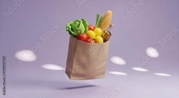 Fototapeta Floating Grocery Bag with Fresh Vegetables and Bread on Purple Background
