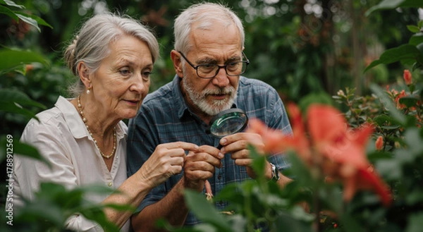 Obraz elderly couple using magnifying glass to examine plants in lush garden, enjoying nature