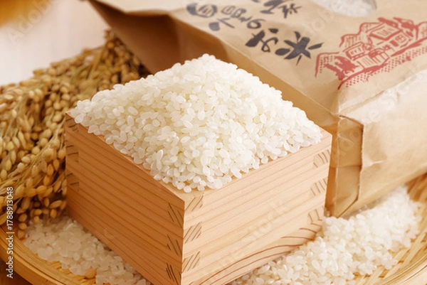 Fototapeta 日本の主食・米と稲穂、秋の収穫イメージ