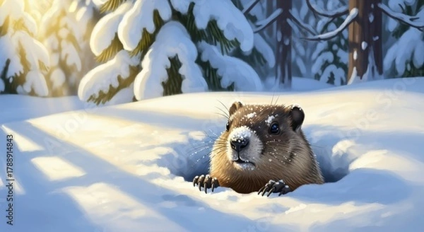 Obraz Groundhog peeking out from snowy burrow in winter forest  