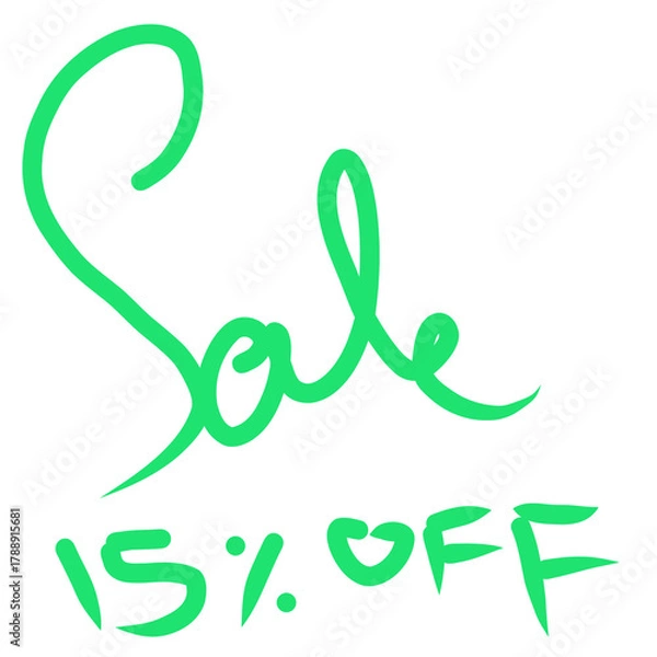 Fototapeta Hand-lettered 'Sale 15% Off' text in green neon monoline script