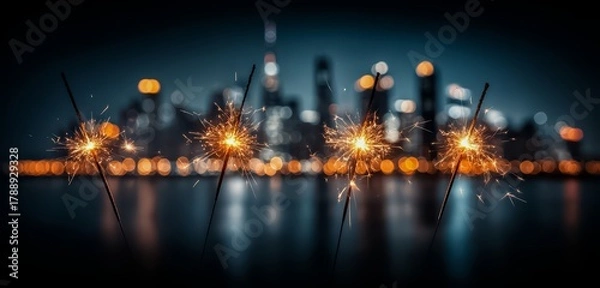 Fototapeta City skyline is lit up with fireworks. The fireworks are lit up in the night sky and are scattered throughout the city