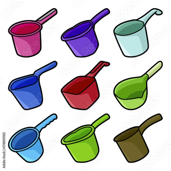 Fototapeta collection of images of various colored plastic water dipper, simple vectors.eps