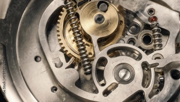 Obraz Close-up of intricate watch mechanism with gears and springs.