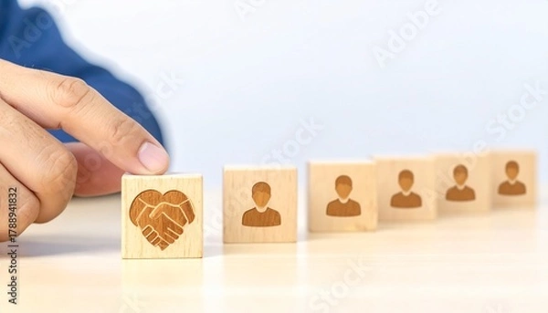 Obraz Building a strong team through partnership and collaboration with wooden blocks, cultivating relationships for business growth and success