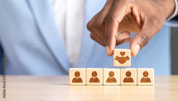 Obraz Hand adds collaborative team member with shared values to existing team, creating strong partnership and community, fostering success and growth