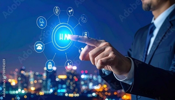 Obraz Dynamic businessman leveraging cutting-edge technology for seamless global communication and cybersecurity in a modern world, ensuring secure networking