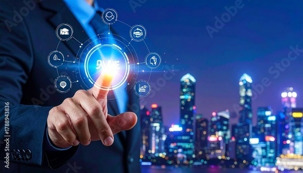Obraz Dynamic businessman taps online network interface to connect globally with a stunning cityscape view, conveying innovation, modernity, and cutting-edge technology