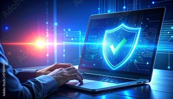 Obraz Cybersecurity professional working on laptop with digital shield and checkmark for secure data, emphasizing online protection and network safety solutions