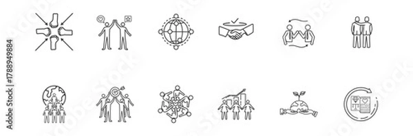 Fototapeta social capital icon collection includes participation, engagement, network, trust, reciprocity, sense of belonging, citizenship, common purpose, social support system with thin lines.