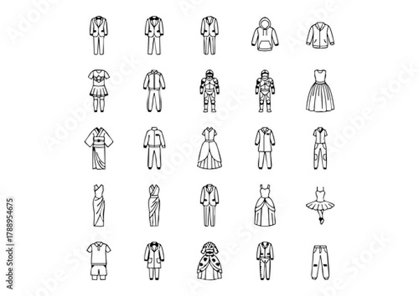 Fototapeta Vector Black & White Outfit Icon Collection, 25 Unique Apparel Line Art Icons, Monochrome Clothing Design Elements