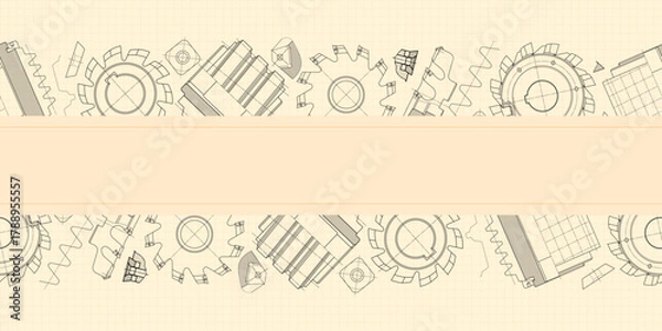 Fototapeta Mechanical engineering drawings on sepia background. Cutting tools, milling cutter. Technical Design. Cover. Blueprint. Horizontal seamless pattern. Vector illustration.