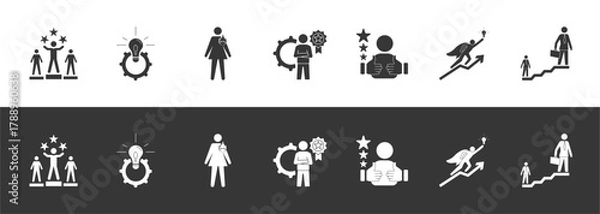 Fototapeta excellence glyph icon group illustration includes competence, innovation, passion, service, satisfaction, motivation with different colors and backgrounds