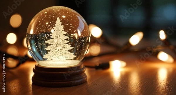 Fototapeta Close-up of a glowing Christmas snow globe with an illuminated tree on a rustic wooden table, surrounded by warm blurred lights.