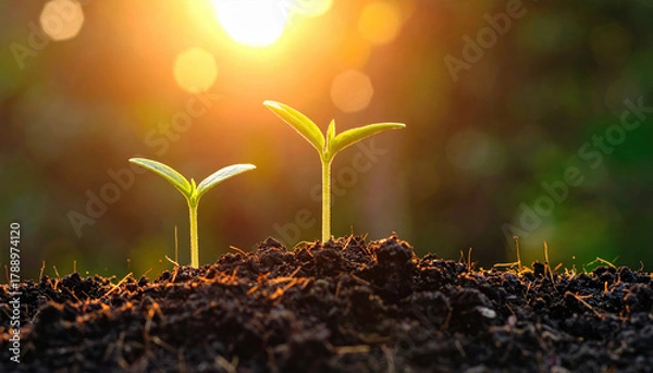 Fototapeta Two young green seedlings sprout from rich soil, illuminated by warm sunlight in serene natural setting, symbolizing growth and new beginnings
