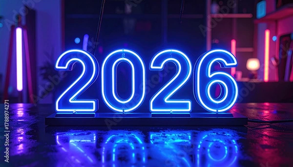 Fototapeta Neon blue numbers 2026 glow brightly in dimly lit room, creating futuristic and vibrant atmosphere. reflection on surface adds depth to scene
