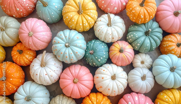Fototapeta Colorful pumpkins pastel shades of pink, blue, yellow, and orange are arranged together, creating vibrant and festive display. Each pumpkin is uniquely decorated with polka dots, adding playful