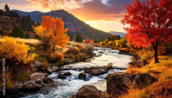 Fototapeta Serene autumn landscape with flowing river surrounded by vibrant red and yellow trees under colorful sunset sky. scene evokes sense of tranquility and natural beauty