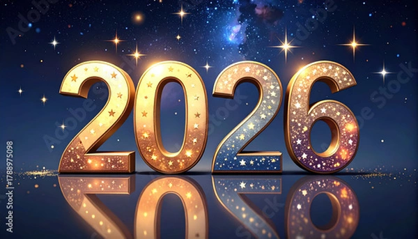 Fototapeta Glittering golden and blue numbers display 2026 against starry night sky, evoking festive and hopeful atmosphere for new year celebration