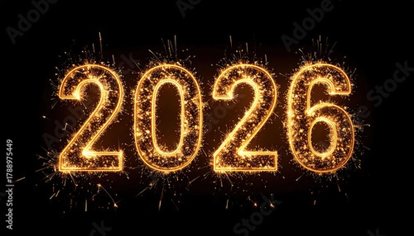 Fototapeta Glowing 2026 numbers with sparkling effects on black background create festive and celebratory atmosphere