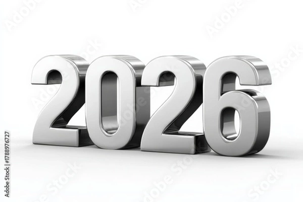 Fototapeta 3D render of the number 2026 in a shiny silver metal, indicating the year