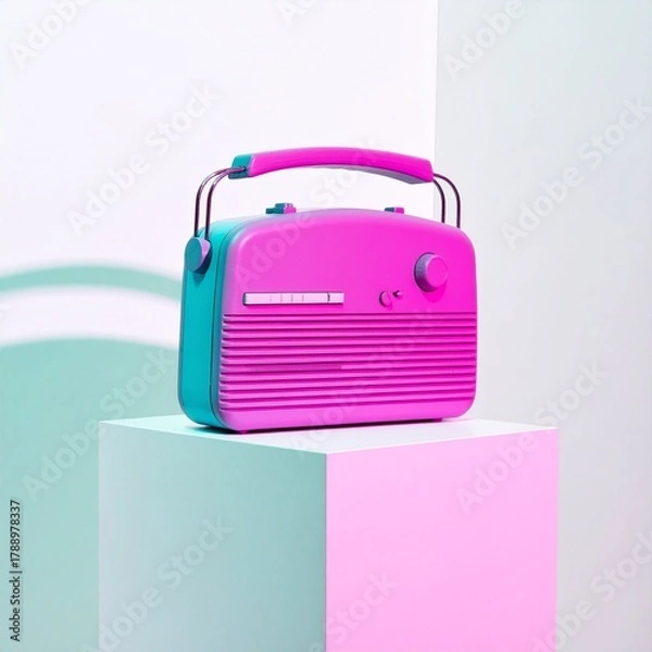 Fototapeta A pink and blue radio on a geometric pink cube stand