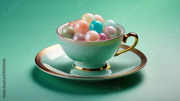 Fototapeta A teacup filled with colorful pearl like objects