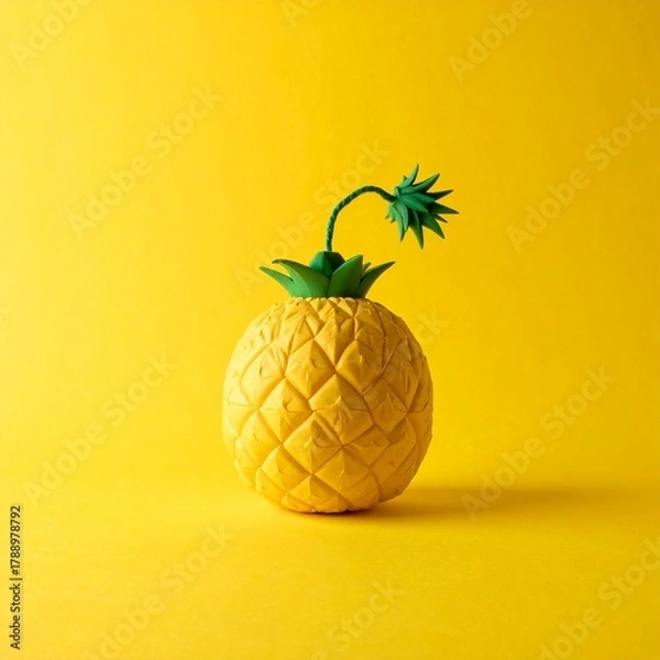 Fototapeta A yellow pineapple with green leaves on yellow background
