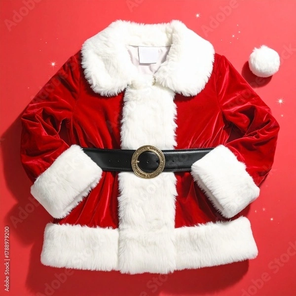 Fototapeta A santa claus jacket on a red surface flat lay shot