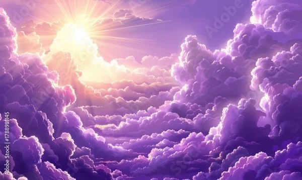 Obraz Dramatic purple clouds and sun rays wallpaper background for spiritual themes