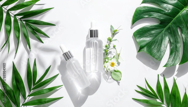 Fototapeta Two clear dropper bottles are elegantly placed on white surface, surrounded by lush green leaves and delicate white flowers, creating fresh and natural aesthetic