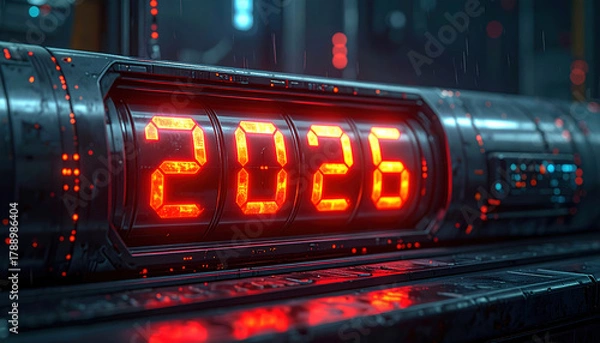 Fototapeta Futuristic digital display shows year 2026 in glowing red numbers, set against high tech, metallic background with intricate details and ambient lighting