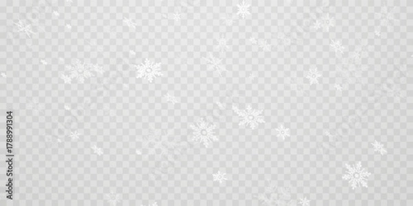 Fototapeta Stock vector illustration falling snow. Snowflakes, snowfall. Transparent background. Fall of snow.