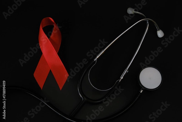 Fototapeta red ribbon symbol of World AIDS Day. Top view. Free copy space.