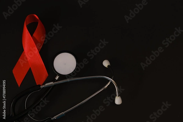 Fototapeta red ribbon symbol of World AIDS Day. Top view. Free copy space.