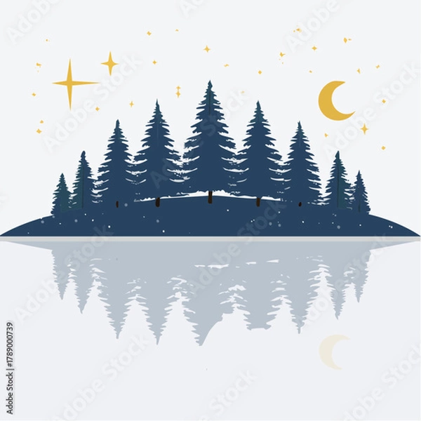 Obraz Night landscape with pine trees, stars, and moon reflecting in water.