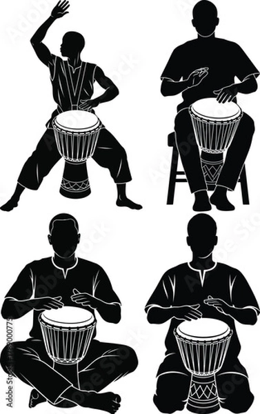 Obraz Silhouette of People Playing Djembe Drum Vector Illustration