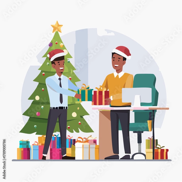 Obraz Office workers exchanging Christmas gifts near a decorated tree.