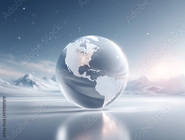 Fototapeta Glowing globe resting on icy terrain under a starry sky at dawn