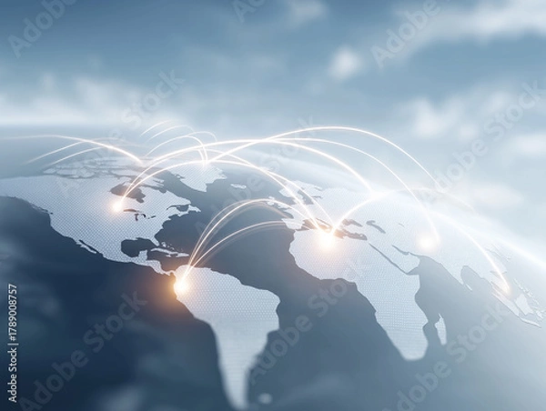 Fototapeta Visualizing global connections across continents and oceans through illuminated network lines and digital mapping