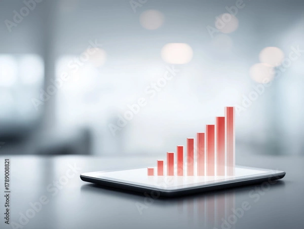 Obraz Data analytics in action with rising performance shown on a tablet screen during a business meeting in a modern office