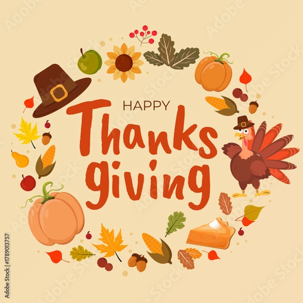 Fototapeta Thanksgiving Greeting Card – Cartoon Turkey, Harvest Food and Autumn Leaves in Circular Composition with Festive Typography on Beige Background